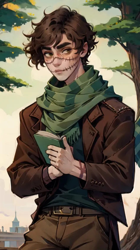 short brown hair, man with scarred face, stitches, striped scarf, brown pants, holding book