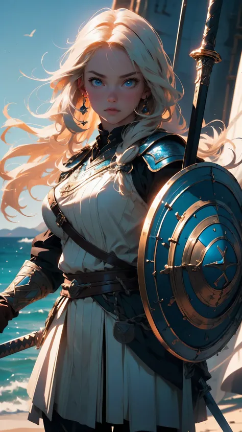 (best quality,4k,8k,highres,masterpiece:1.2),ultra-detailed,(realistic,photorealistic,photo-realistic:1.37),viking girl, light hair, blue eyes, standing near a mighty ship near the sea bay, holding sword and shield