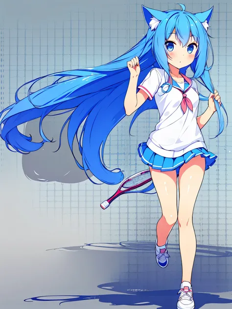 girl blue  hair blue eyes Glasses nekomimi girl tennis suit