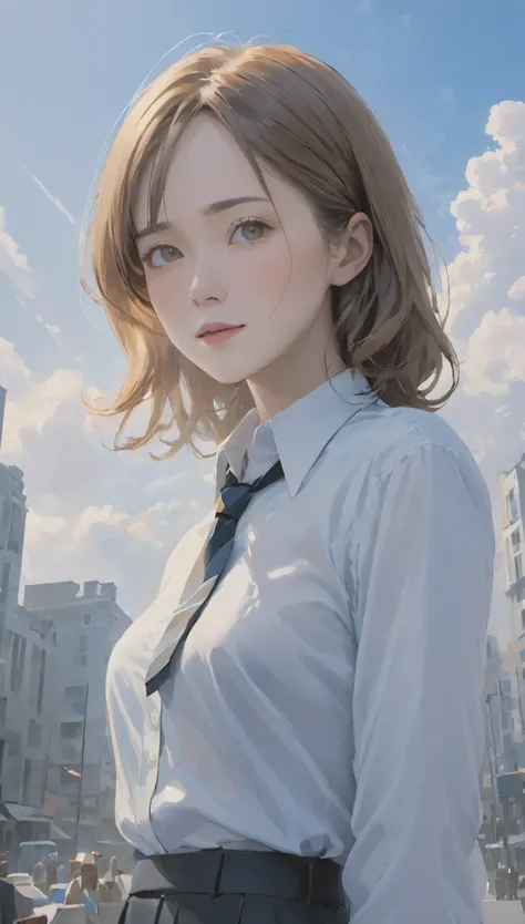 (masterpiece、highest quality:1)、(Photorealistic:1.2)、Optics、Written boundary depth、(Facial details、Surface Focus:1)、Very detailed、8k、Intricate details、(((Woman looking up at the sky:1.2)))、Angle from behind、alone、White Business Shirt、tie、Skinny body、Outdoo...