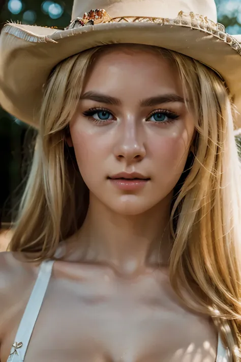 raw photo. Anna Karenina 22 years old, blonde, dressed like cowgirl, Texan, perspective, half body detail, sharp focus, slight blending, detail, (high skin detail: 1,2), 8k uhd, dslr, soft light, high quality, Fujifilm XT3 grainy films.