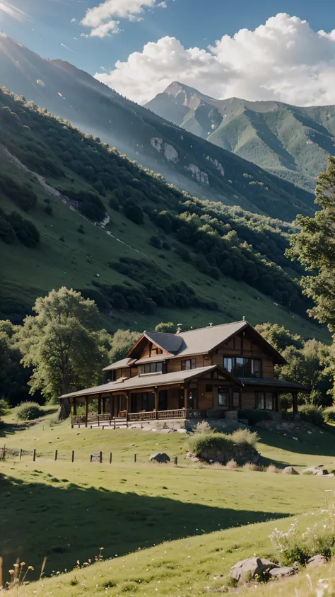 Beautiful house in the mountains, trees and grass, sun rays, detailed clouds