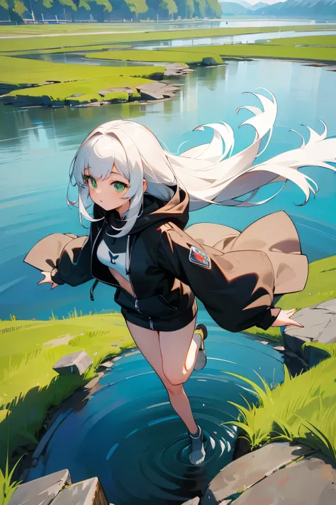 MKSKS style, (Very detailed background:1.0), (highly detailed back ground:1.0), 1girll, full_Body, , Hoodie, partly_unzipped, Masterpiece, Best quality, (1girll, Solo, Girl:1.2), Lake, Grass, walking on the water, Jumps, Stone ruins, color difference, Dept...