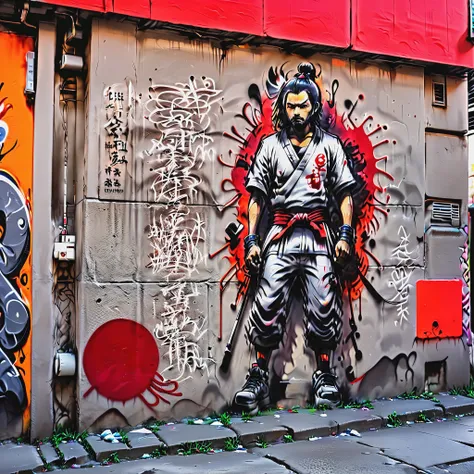 ground shot view, graffiti drawing of a samurai on the wall of a building and in front of the wall the graffiti artist man, 3d s...