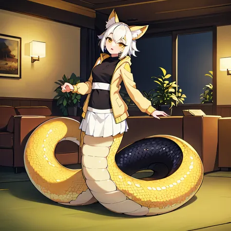 1girl, lamia, ((yellow scales)), silky tail, small breasts, white hair, fox ears, best quality, 4k, 8k, 16k, highres, masterpiec...