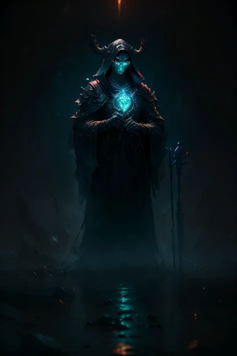 Digital masterpiece of a Warcraft Undead Warlock in dark, flowing robes, wielding a skull-topped staff, showcasing a fierce combat stance in the desolate wastes of the Plaguelands. The Warlocks expression is intense and focused, with deep-set, glowing eyes...