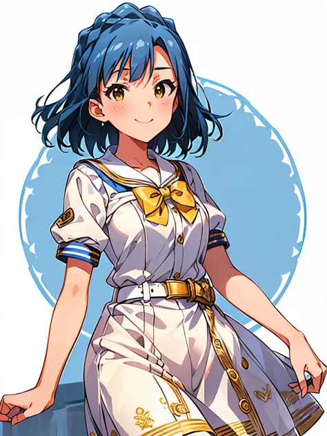 yuriko nanao (million live), 1 girl, Solo, Cute Girl, Best Quality, Ultra-detailed, 8K, High resolution, Detailed face, looking at viewer, light smile, gentle smile, tilting head, (((uniform, white dress, sailor collared dress, short sleeves, bowtie, belt)...