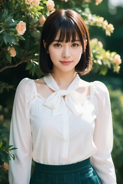 Medium View, Medium Shot, Written boundary depth, bust, Upper Body, Cinematic Angles, masterpiece, highest quality, Very detailed, cg, 8K Wallpaper, Beautiful Face, Delicate eyes, Otome, alone, smile, bangs, skirt, shirt, bow, petal, bouquet