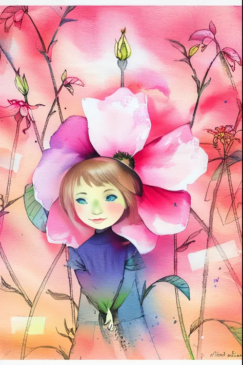 a painting of a girl with a flower on her head, girl with a flower head, by yuko tatsushima, girl with a flower face, by claire ...