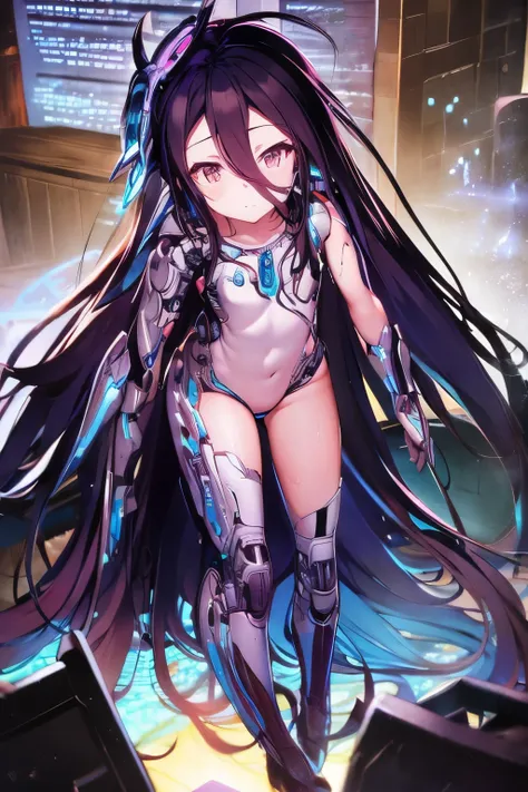    Ultra detailed, shuvi  girl, loli:1.5, child:1.5 10yo:1.5) , very  long  hair,  cybernetic , mechanical limbs,  biomechanical ,  robotic  hands , forte , mechanical legs. Perfect anatomy. 