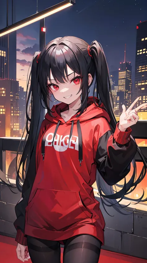 (masterpiece、highest quality、Super detailed)、One girl、Black Hair、twintails、Red eyes、evil smile、((Grin))、Small breasts、((black hoodie))、((black pantyhose))、Cowboy Shot、Night city background