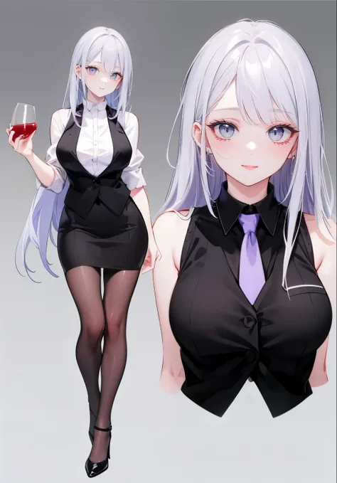 ((Perfect Face)),Purple Hair,Semi-long hair,1 female,bartender,,Black vest,tie,High heels,,((Simple light color background)),((smile)),((whole body)),((whole body)),Portraiture,virtual,upright,