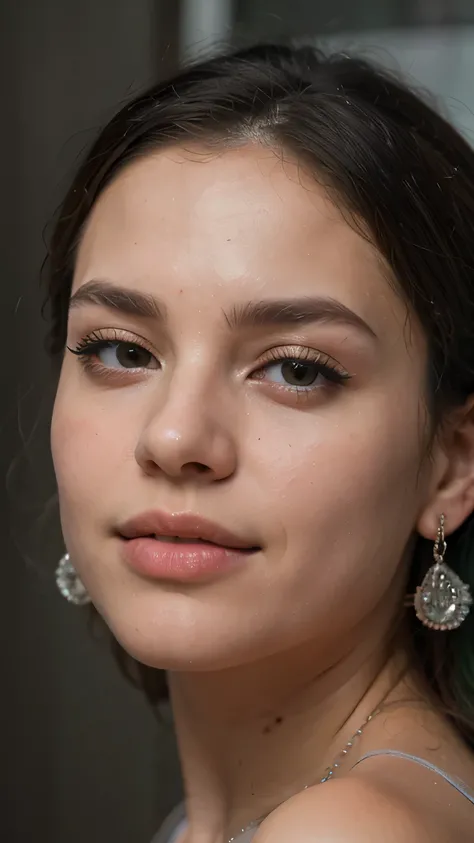 1girls, Nur, green Hair , 24 years old , (masterpiece, Best quality), Intricate details, realistic, photorealistic, close-up of a woman wearing earrings wrapped in crystals, inspired by Emma Andijewska, silver, long earrings, sandra chevier, huge earrings,...