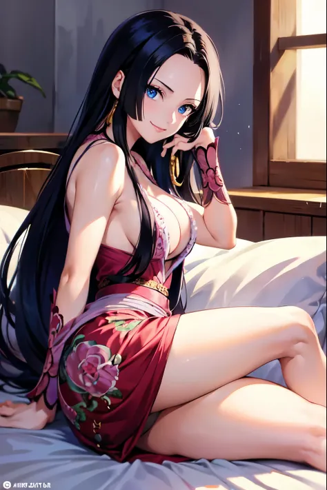 Boa Hancock, onepiece, blue eyes, long hair,masterpiece, best quality, perfect anatomy, beautiful background, beautiful face, beautiful eyes, full body, 1girl, solo, smiling, sexy, large breasts, black hair, lying down on bed,wide hip, legs crossed, close ...