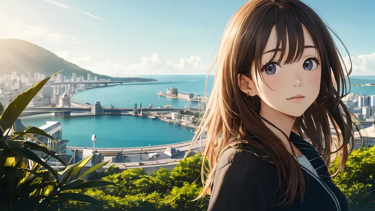 Shiraishi Mai, Looks exactly like Shiraishi Mai,Oceanの方を向いている後ろ姿、Woman looks up at the sky ,Long Hair, Dark brown hair, 2 girls, 18-year-old, photograph, Realistic, highest quality, Detailed face, Strong sunlight, Ocean, Embankment, Detailed Background, D...