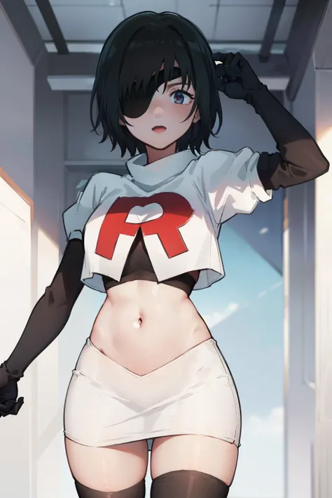 Himeno , team rocket,team rocket uniform,white skirt,red letter R,crop top,black thigh-highs,black elbow gloves
