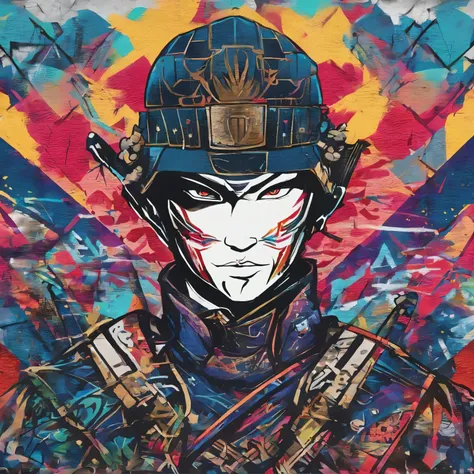 GROUND shot view, GRAFFITI DRAWING OF A SAMURAI ON THE WALL OF A BUILDING AND IN FRONT OF THE WALL THE GRAFFITI ARTIST MAN, 3D style、SPRAY PAINT, (graffiti wall)、UTRA DETAILED ARMOR, ULTRA DETAILED SWORD,  hyper-detailed art、award-winning work, IMPACTFUL V...