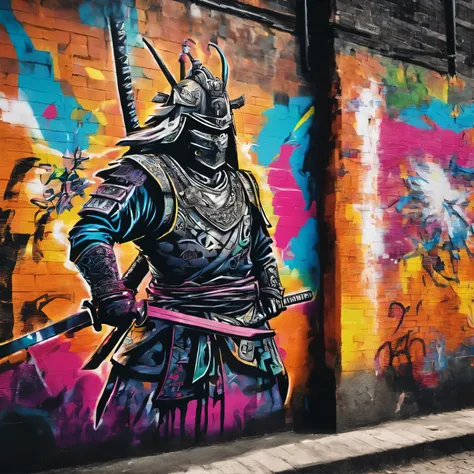 GROUND shot view, GRAFFITI DRAWING OF A SAMURAI ON THE WALL OF A BUILDING AND IN FRONT OF THE WALL THE GRAFFITI ARTIST MAN, 3D style、SPRAY PAINT, (graffiti wall)、UTRA DETAILED ARMOR, ULTRA DETAILED SWORD,  hyper-detailed art、award-winning work, IMPACTFUL V...