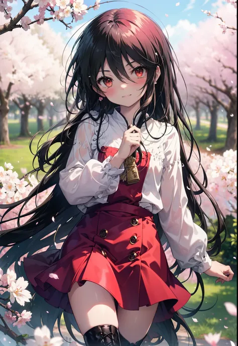 shana,灼眼のshana,long hair, red hair, (red eyes:1.5) (flat chest:1.2),smile,blush,pink dress,long skirt,short boots,cherry blossom...