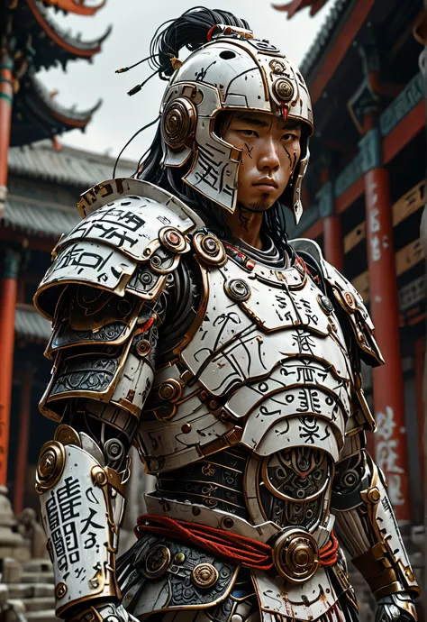 Masterpiece, Majestic. POV: three-quarter shot in camera Canon EOS R6 Mark II, Len EE 35mm, f1.6. Ancient warrior standing in dynamic pose. White and majestic helmet which hides the warrior’s face, evoking the greatness of the character. White armor with r...
