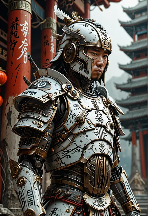 Masterpiece, Majestic. POV: three-quarter shot in camera Canon EOS R6 Mark II, Len EE 35mm, f1.6. Ancient warrior standing in dynamic pose. White and majestic helmet which hides the warrior’s face, evoking the greatness of the character. White armor with r...