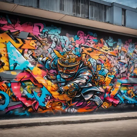 GROUND shot view, GRAFFITI DRAWING OF A SAMURAI ON THE WALL OF A BUILDING AND IN FRONT OF THE WALL THE GRAFFITI ARTIST MAN, 3D style、SPRAY PAINT, (graffiti wall)、UTRA DETAILED ARMOR, ULTRA DETAILED SWORD,  hyper-detailed art、award-winning work, IMPACTFUL V...