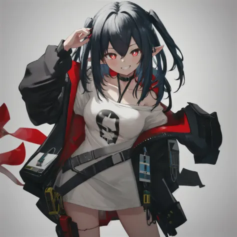 best quality, masterpiece, highres, solo, {closure_arknights:1.15}, black_hair, pointy_ears, long_hair, red_eyes, bangs, hair_between_eyes, smile, upper_body, breasts, blush, two_side_up, 1girl, black_choker, black_jacket, choker, jacket, looking_at_viewer...