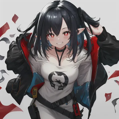 best quality, masterpiece, highres, solo, {closure_arknights:1.15}, black_hair, pointy_ears, long_hair, red_eyes, bangs, hair_be...