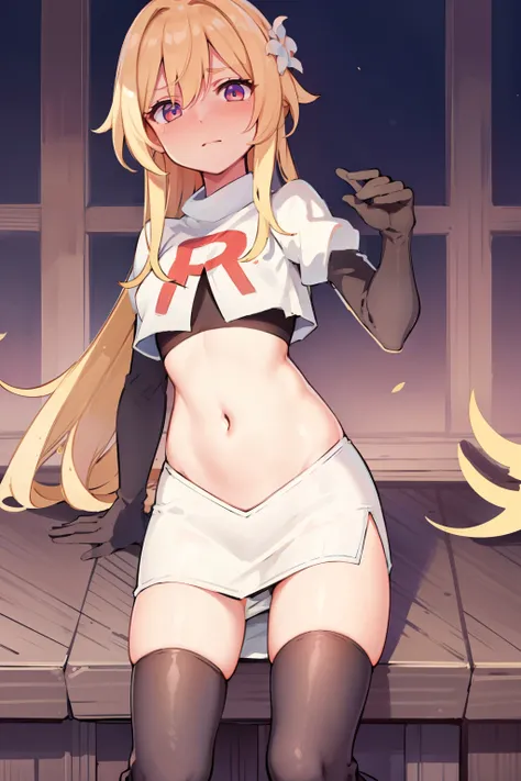 lumine (genshin impact), 1girl,flower,Blond hair,cute,hot,blushed,perfect eyes,expressive eyes, team rocket,team rocket uniform,white skirt,red letter R,crop top,black thigh-highs,black elbow gloves