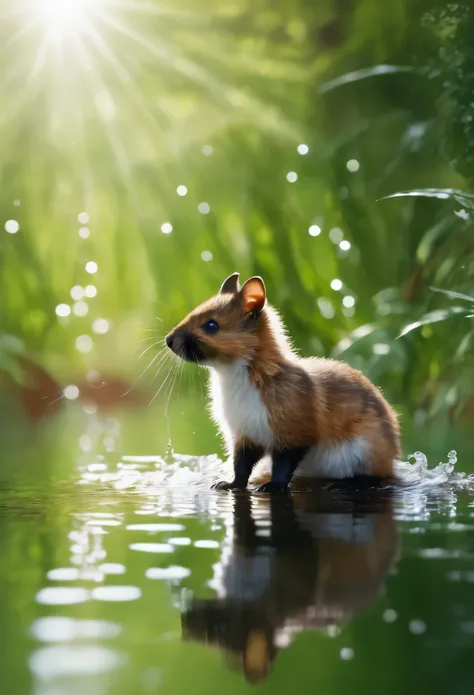 (highres,best quality,ultra-detailed,realistic:1.37),water,small animal,furry,adorable,playful,curious,expressive eyes,sleek body,webbed feet,smooth fur texture,sparkling water droplets,green vegetation,reflections in the water,natural habitat,peaceful sur...