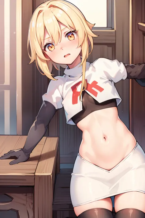 lumine (genshin impact), 1girl,flower,Blond hair,cute,hot,blushed,golden eyes,perfect eyes,expressive eyes, team rocket,team rocket uniform,white skirt,red letter R,crop top,black thigh-highs,black elbow gloves