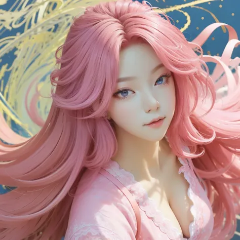 ((masterpiece:1.2, best quality)), Ultra Detailed, Ultra-precise depiction, Ultra Detailed的描绘, (Tangled:1.2), (Dynamic poses), (Abstract Background:1.5), Long wavy hair, Pink Hair, 1 Lace Girl, Pink transparent lace colorful, portrait, (from above:1.2)