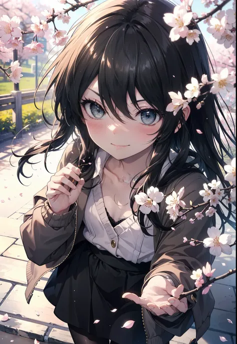 Shana,灼眼のShana,Long Hair,Black Hair, (black eye:1.5) (Flat Chest:1.2),smile,blush,Tokkuri Sweater,Long skirt,Black pantyhose,Mini Boots,Cherry blossom tree-lined path,Cherry blossoms are blooming,Cherry blossoms are scattered,morning,morning陽,The sun is ri...