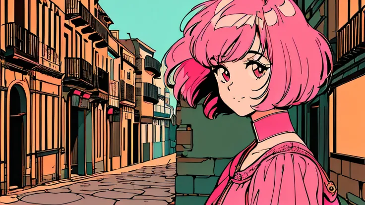 master piece, City Pop style, Pink Hair, fluffy bob cut, wearing headphones, shoulder length, ((alone)), Futuristic, yet, lofi, retro, vintage, Ghost, light smile, (( wide shot)), (( The person is on the left )), (( looking away )), ((Walking around Spain&...