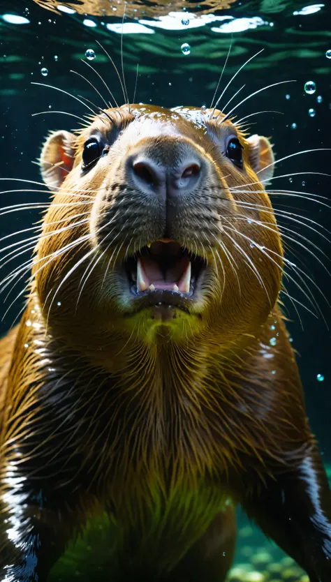 ((Masterpiece in maximum 16K resolution):1.6),((soft_color_photograpy:)1.5), ((Ultra-Detailed):1.4),((Movie-like still images and dynamic angles):1.3). | (Macro shot cinematic photo of exotic Capybara underwater), (a Capybara swimming underwater), (water b...