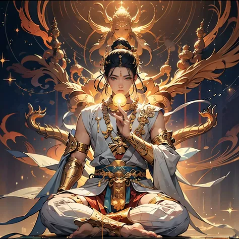 (Masterpiece, Top Quality, Best Quality, Official Art, Beautiful and Aesthetic: 4k), (One male figure), Cool and Serene, Fantasy, Japanese, God-like, Great Buddha, Sitting on a Lotus Flower, Thousands of Arms Extended, Striking Posture, Delicate and Powerf...