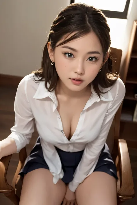 (clear, high-definition image), (job interview, interviewer's perspective), frontal image of a woman wearing a miniskirt sitting...