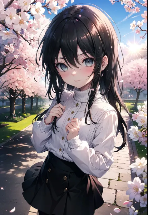 Shana,灼眼のShana,Long Hair,Black Hair, (black eye:1.5) (Flat Chest:1.2),smile,blush,Tokkuri Sweater,Long skirt,Black pantyhose,Mini Boots,Cherry blossom tree-lined path,Cherry blossoms are blooming,Cherry blossoms are scattered,morning,morning陽,The sun is ri...