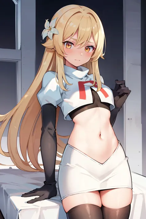 lumine (genshin impact), 1girl,flower,Blond hair,cute,hot,blushed,golden eyes,perfect eyes,expressive eyes, team rocket,team rocket uniform,white skirt,red letter R,crop top,black thigh-highs,black elbow gloves