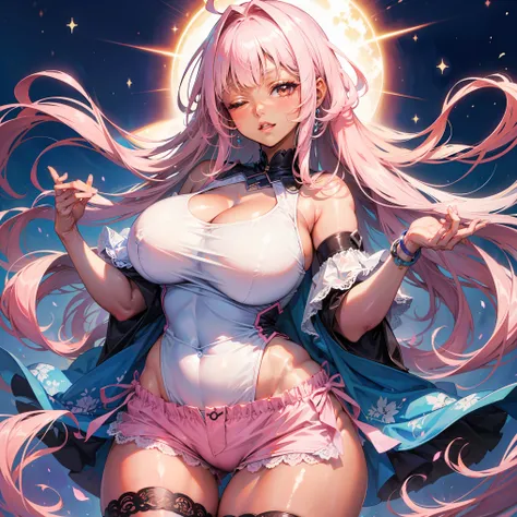 (((((1girl))))), ((anime)), (pink hair), (extremely long hair), (ahoge), (blunt bangs), ((((((dark skin)))))), ((huge breasts)), ((brown eyes)), (half-closed eyes), (cleavage), (thick thighs), (((thick lips))), ((wide hips)), (thighhighs), (short shorts), ...