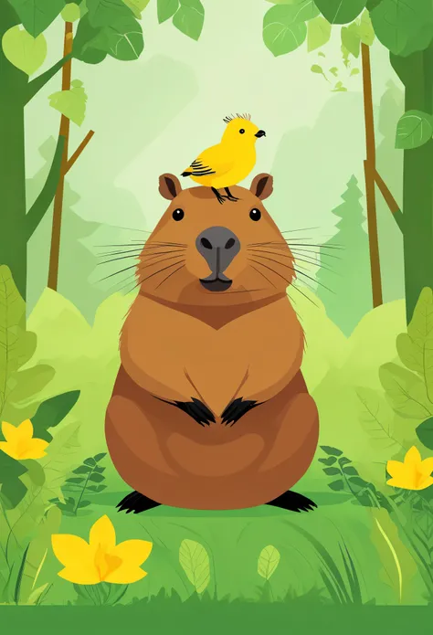 A cute capybara sitting on the grass, with an yellow bird perched atop its head. The background is a lush green forest. Digital art style. 