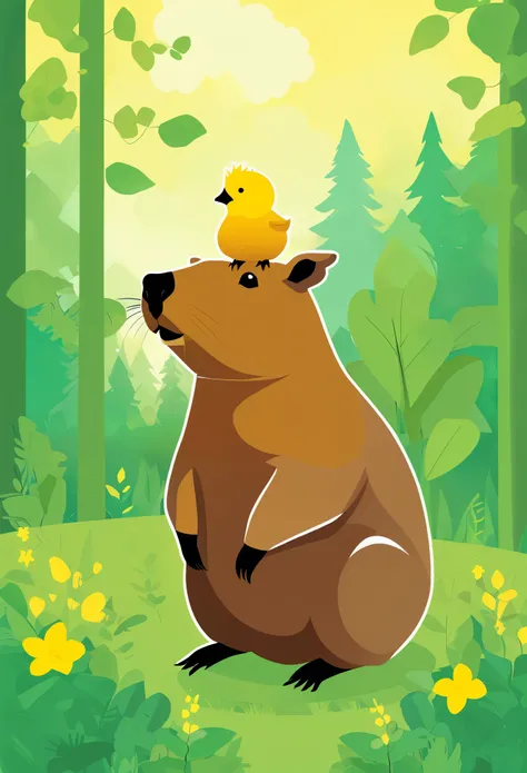 A cute capybara sitting on the grass, with an yellow bird perched atop its head. The background is a lush green forest. Digital art style. 