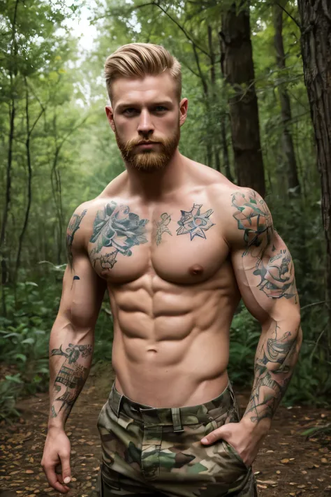 ((best quality)), ((masterpiece)), (detailed),male, perfect face,blonde beard, tattooed, ripped, army officer, showcasing perfect biceps, veins popping, sweaty muscles, Bodybuilder size,perfect sixpack abs, broad strong chest, wearing army camo pants, wear...