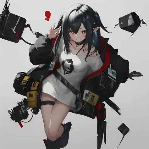 highres, solo, {closure_arknights:1.15}, black_hair, pointy_ears, long_hair, red_eyes, bangs, hair_between_eyes, smile, upper_bo...