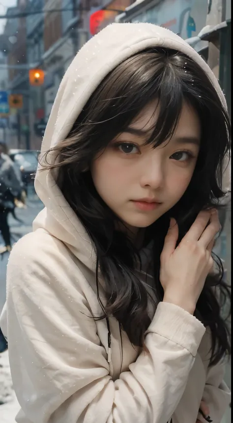 In the style of anime, A mysterious young woman in a hoodie, shivering from the cold, the setting is a silent, in street with heavy snow falling and her attire is an ornate fusion of traditional Asian culture and futuristic fantasy. Every detail of her fac...