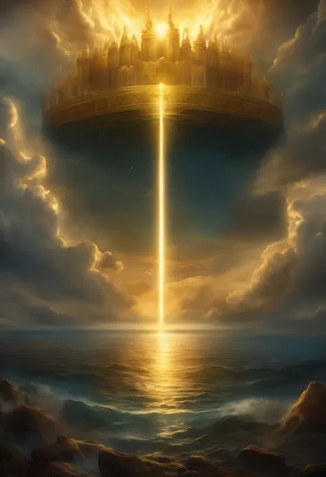 create an illustration of a Scenario with a golden throne with a beam of Light on the throne representing the creator on the clouds of the sky, but only the throne as the highlight par excellence, below the image a sea of glass