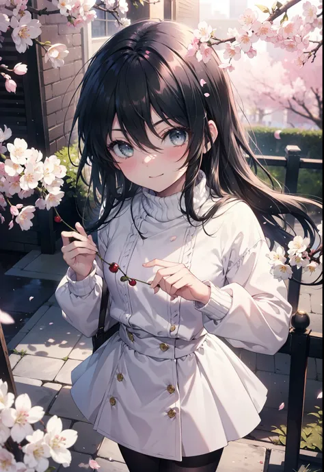 Shana,灼眼のShana,Long Hair,Black Hair, (black eye:1.5) Small breasts,smile,blush,White Sweater,Long skirt,Black pantyhose,Mini Boots,Cherry blossom tree-lined path,Cherry blossoms are blooming,Cherry blossoms are scattered,morning,morning陽,The sun is rising,...