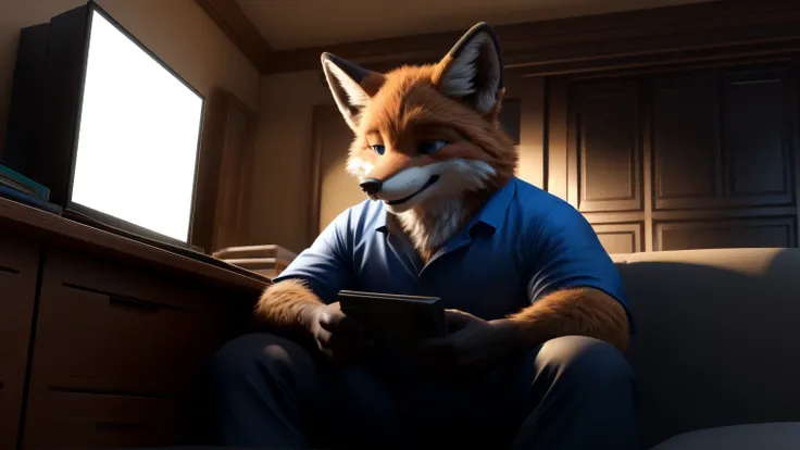 An adult man in his 30s wearing an anthropomorphic fox fur suit., con lentes puestos, alone in the back of a room sitting on a couch, sosteniendo un control nintendo gamecube y mirando un televisor, Super emocionado y feliz, riendose con carcajadas, con un...