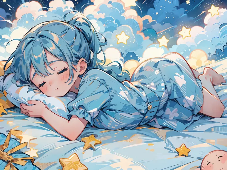 a girl, teal hair, ponytail on both sides, cyan eyes, character hatsune miku, permanent, sleeping in cloud, sleeping on pillow, ...