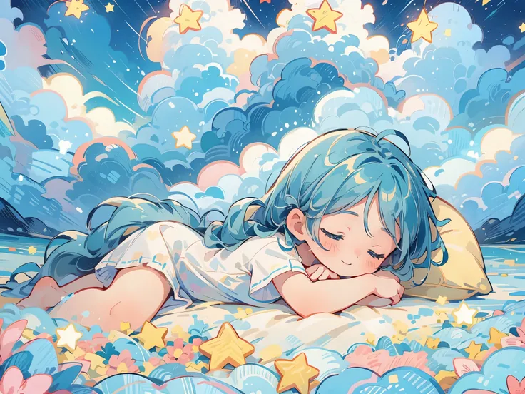 a girl, teal hair, ponytail on both sides, cyan eyes, character hatsune miku, everlasting, sleeping in cloud, sleeping on pillow...